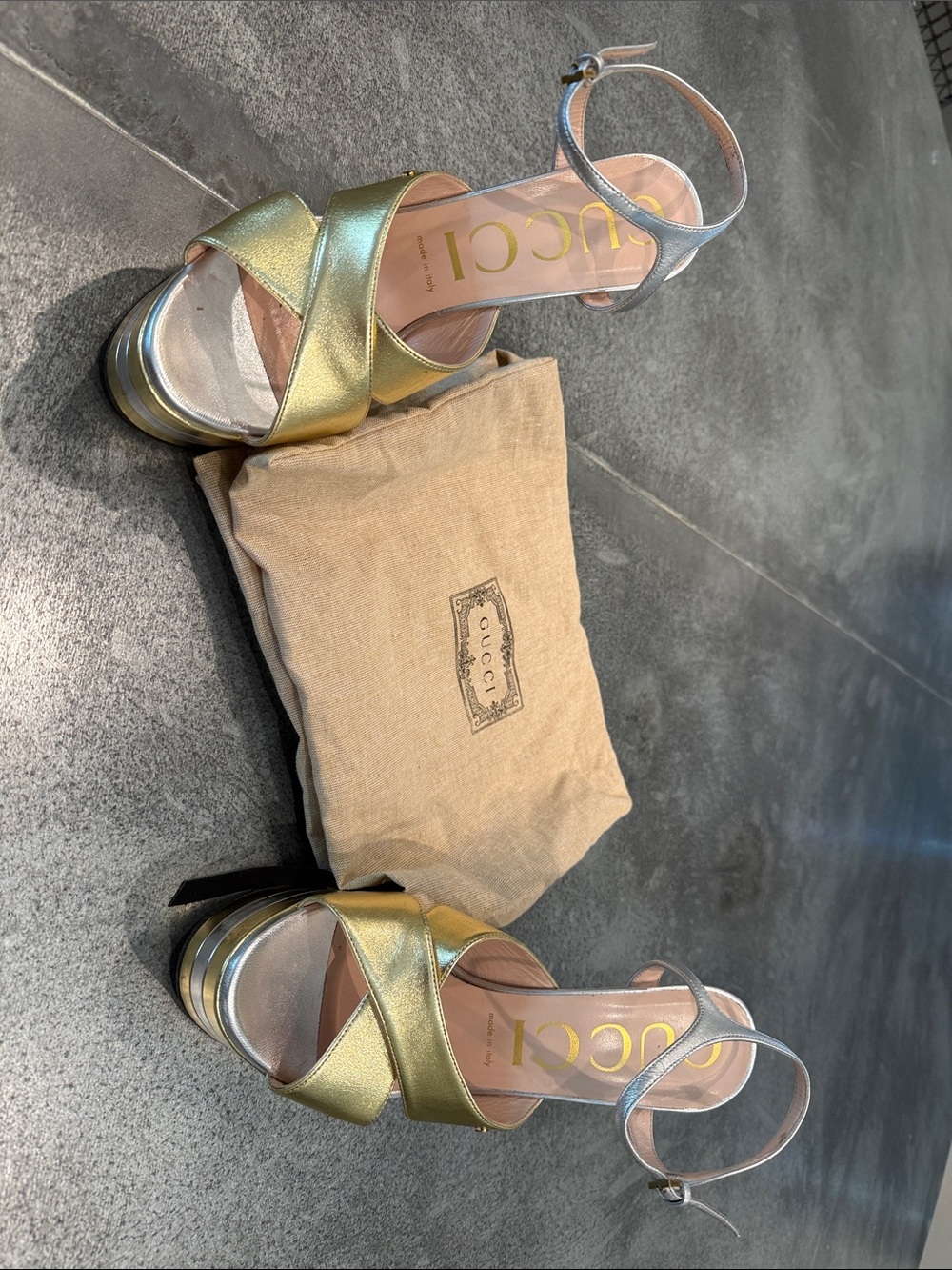 Gucci Metallic Gold and Silver Platform Ankle-Strap Sandals